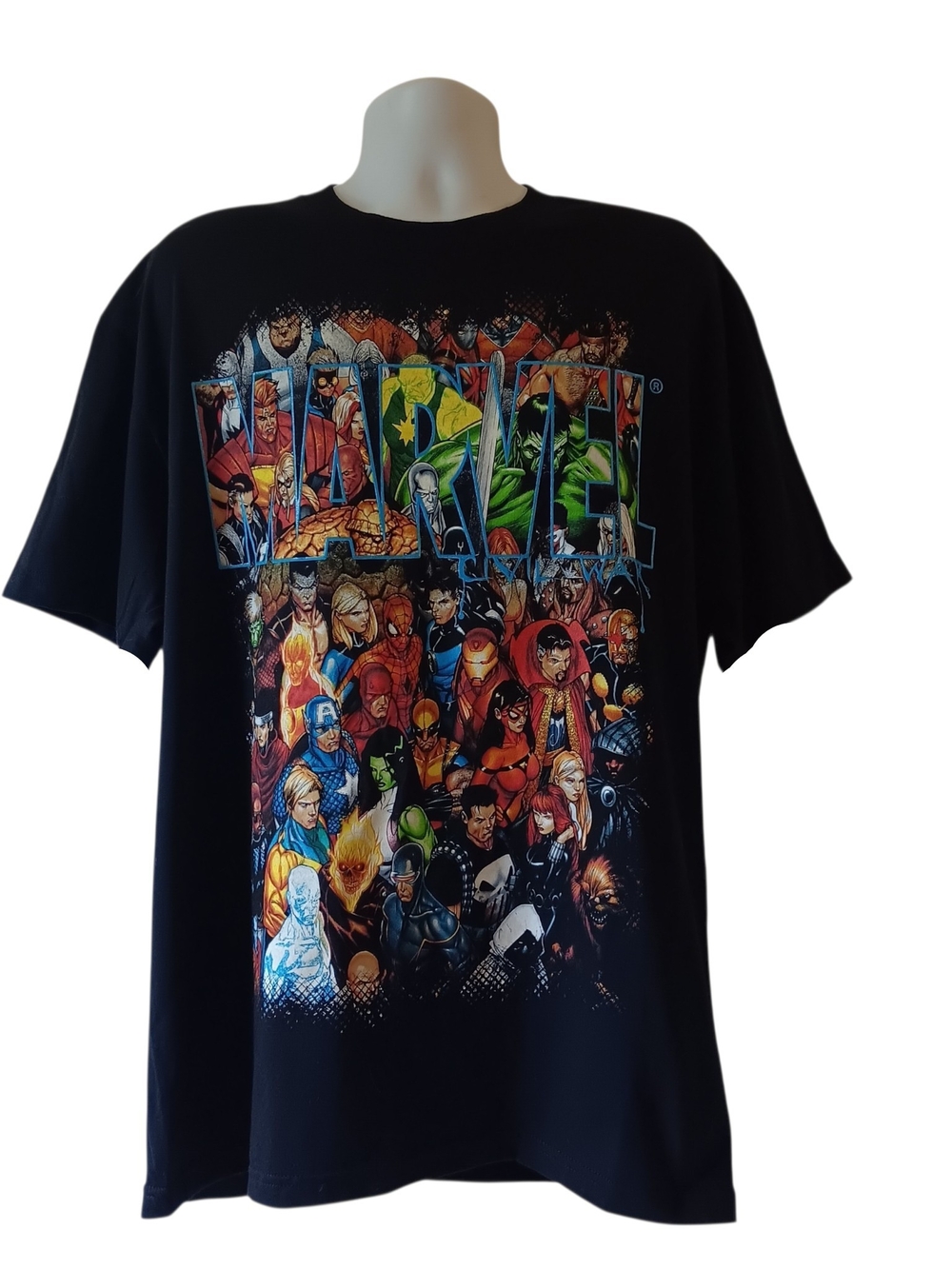 Marvel Comics superhero collage mens black short-sleeve graphic t-shirt size XL